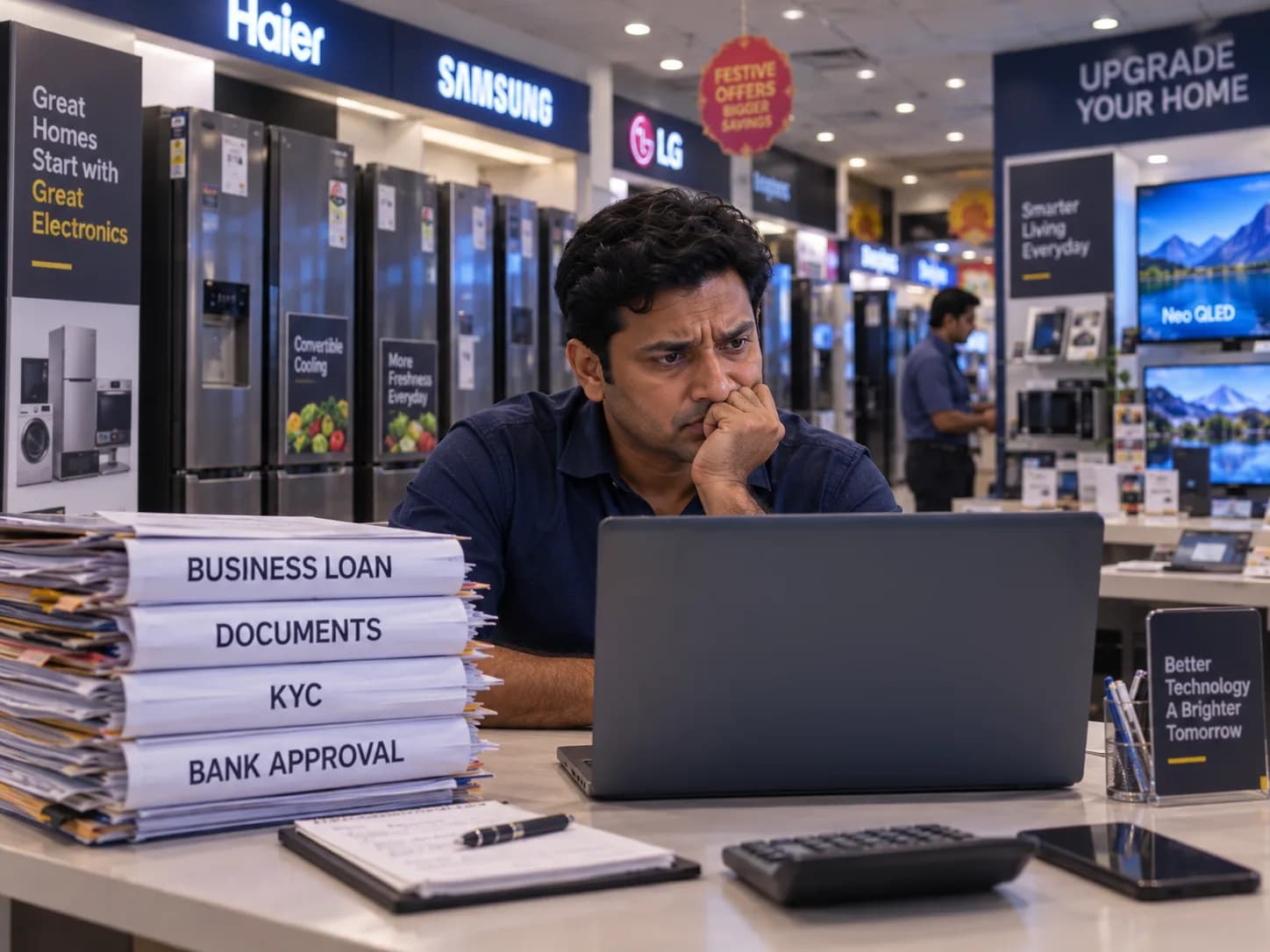 A retailer checking a loan approval status on a tablet in a showroom