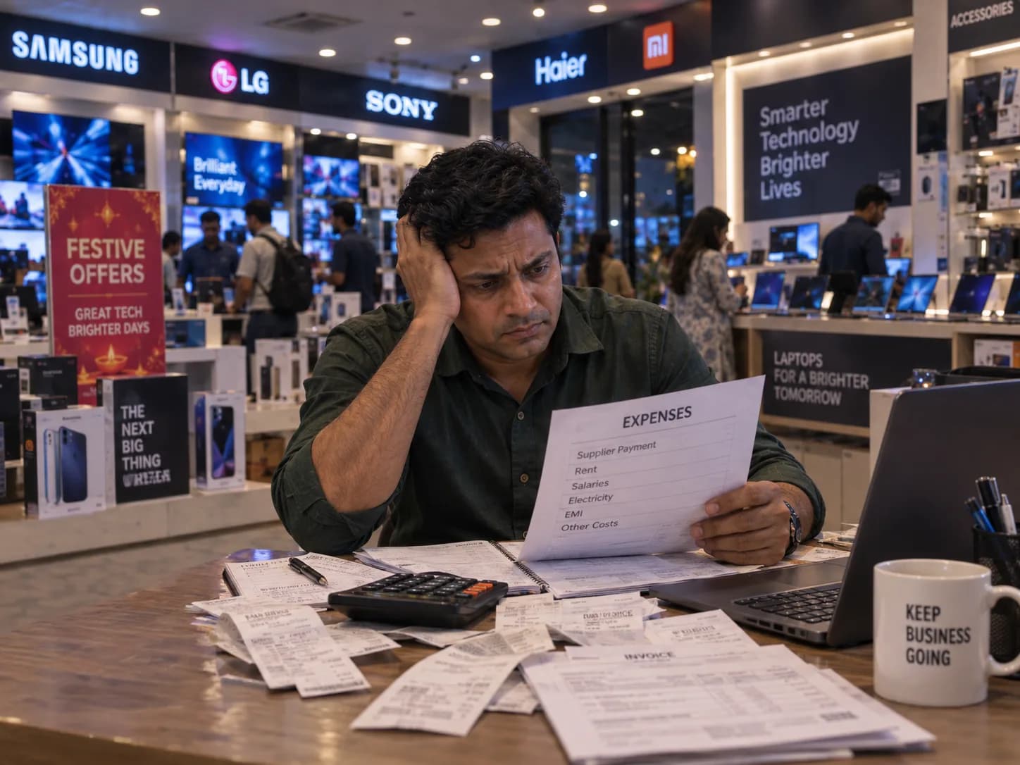 A shopkeeper counting cash payment at the billing counter